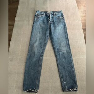 [W24Ins27”]Agolde Feel Good Blue Straight-Leg Button Fly Jeans Distressed Flaw